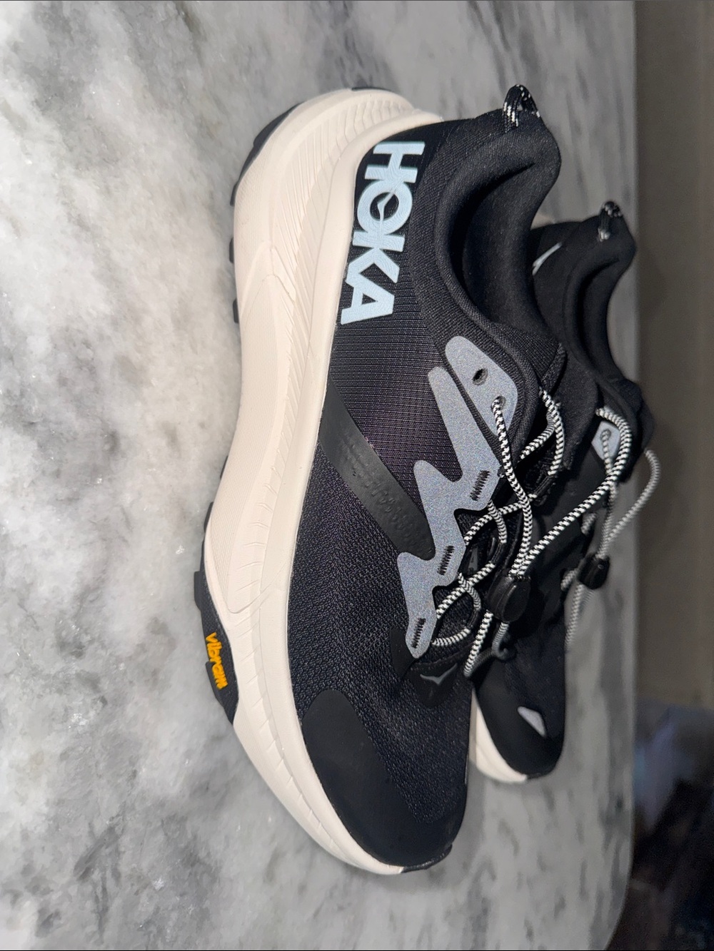 Hoka Black and Cream Women's Trail Running Shoes with Reflective Details